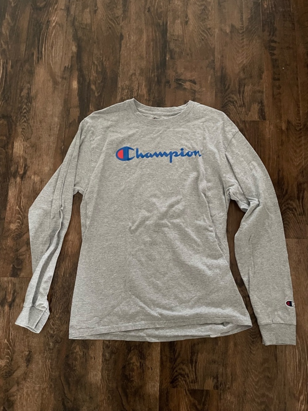 Champion Long Sleeve Logo Tee - Light Gray with Blue & Red Logo